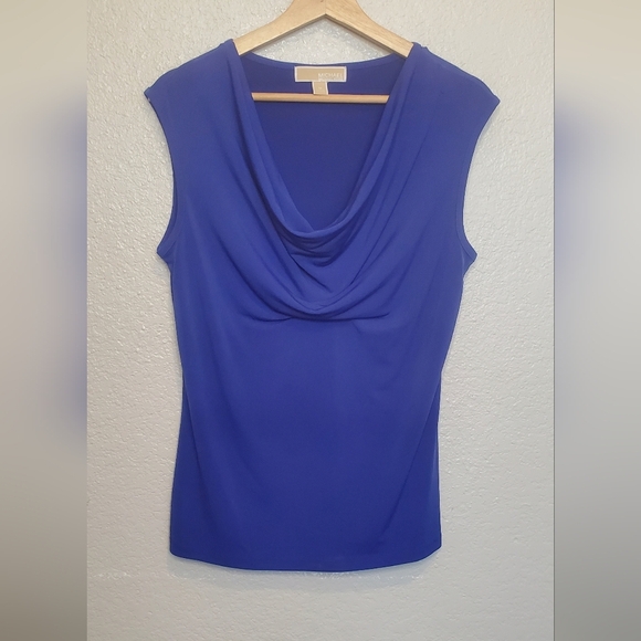 💚5/$25 Michael Kors Blue Draped Neck Sleeveless Blouse Top Stretchy Size Medium - Picture 5 of 5
